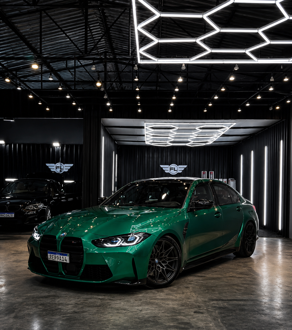 Showroom FL Estética Automotiva com BMW M3 verde